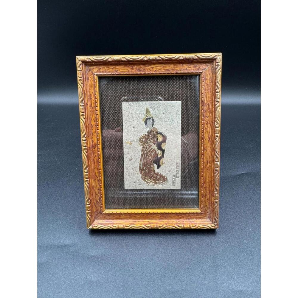 Vintage Japanese Damascene Geisha Plaque Real Silver Gold Inlay Framed K24 Japan
